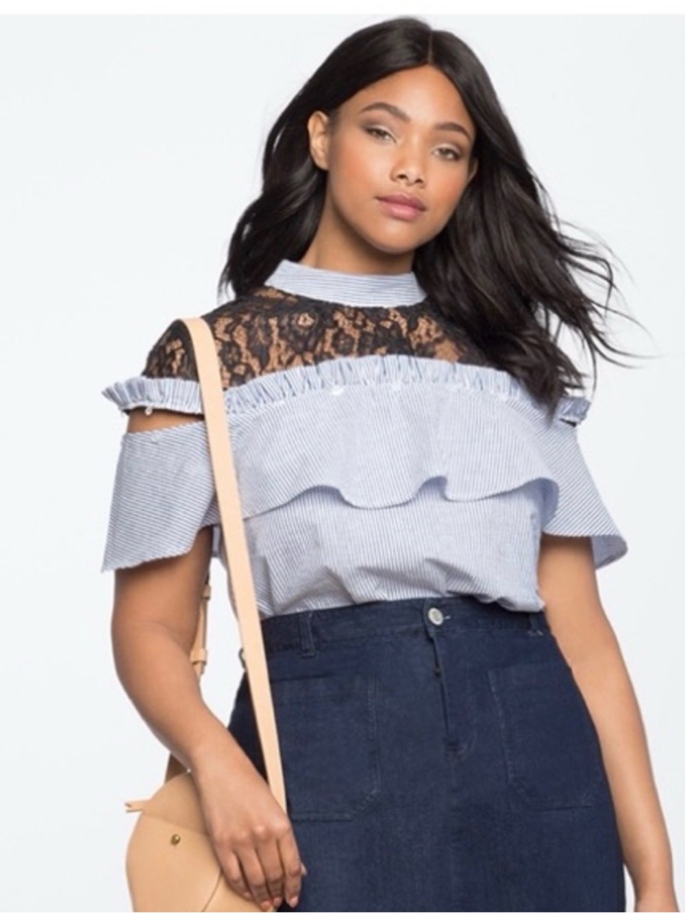Eloquii Women’s Black Lace & Light Blue Ruffle Cold-Shoulder Top